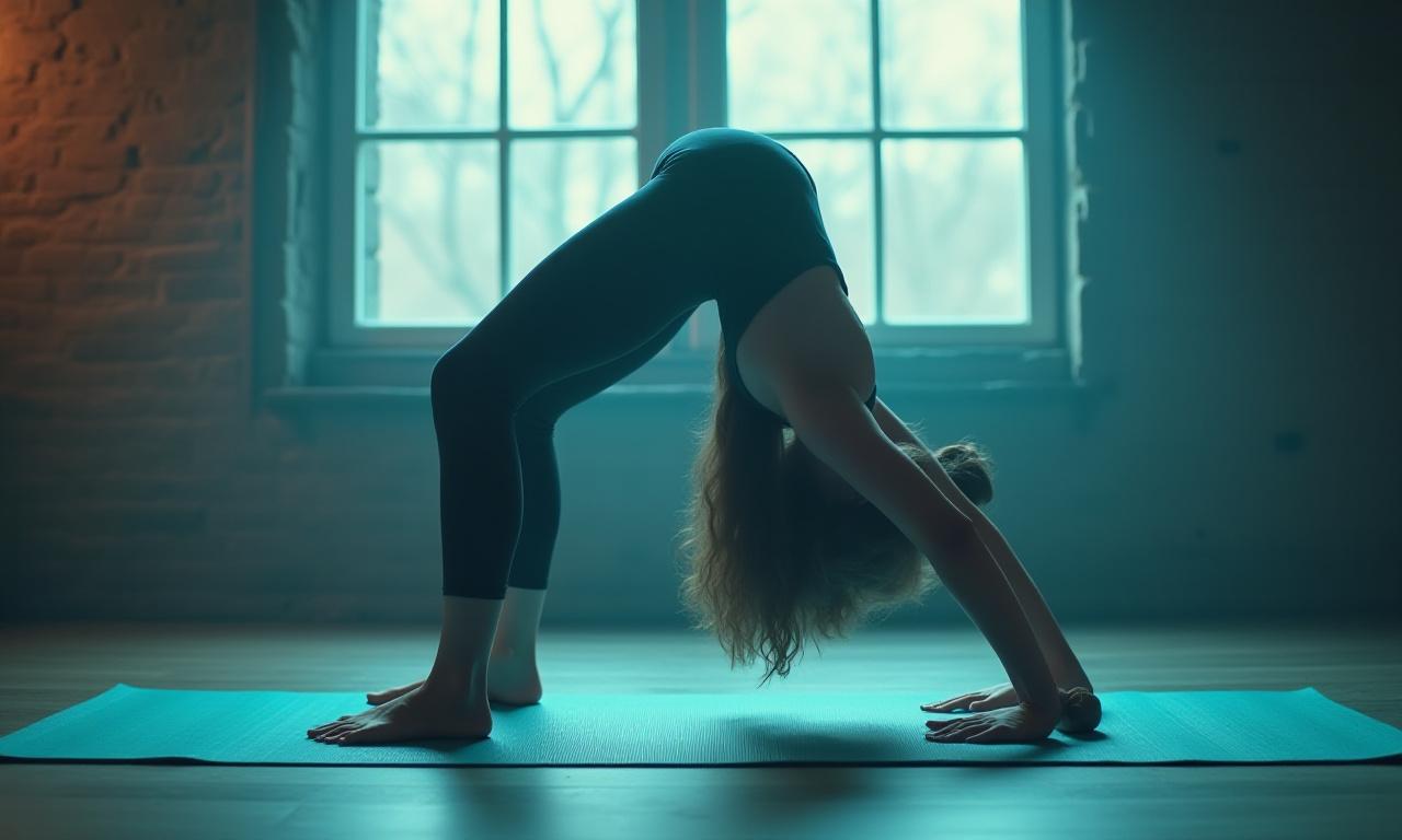 Beginner yoga practitioner in a serene pose with abstract soundwave overlays